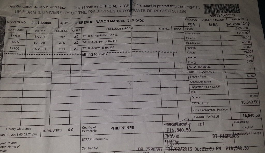 UP MBA Tuition Fee - Form 5 of a 3 Subject Term 