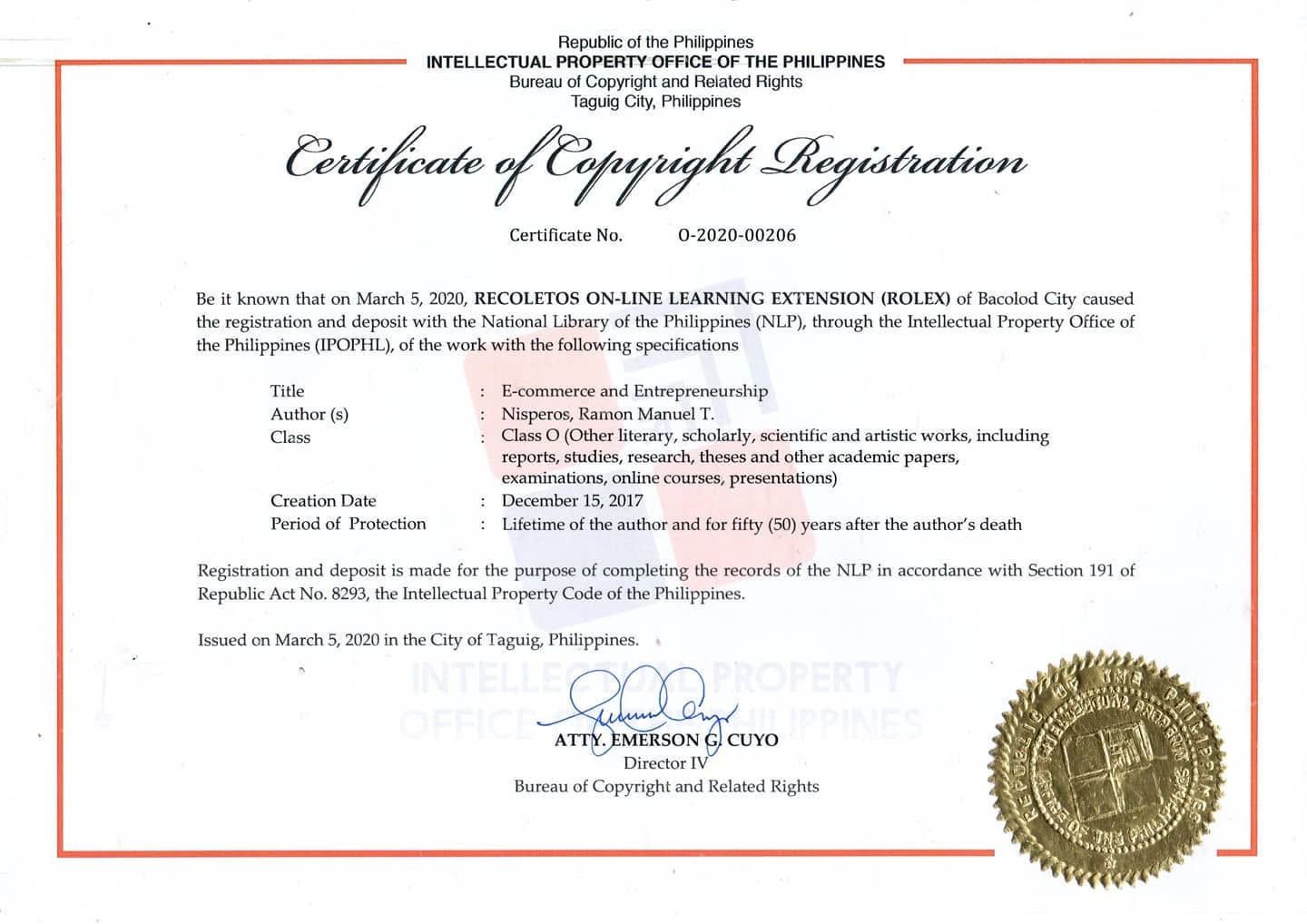 About 11 Certificate of Copyright Registration No. O-2020-00206, IPOPHL — E-commerce and Entrepreneurship, sole author Ramon Manuel T. Nisperos