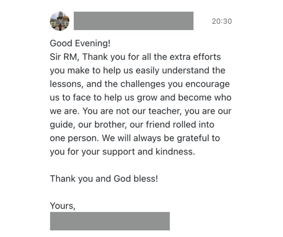 About 10 Message from a student thanking RM Nisperos for his teaching and mentorship at UP Open University